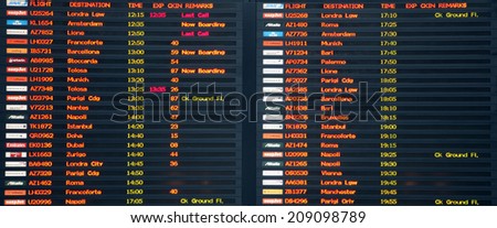 VENICE - NOV 22: Flight board in Venice airport, on November 22, 2014 in Venice, Italy. The airport is busy with tourists most of the year.
