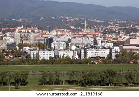 ZAGREB, CROATIA - OCTOBER 14: Croatian National Radio and Television Building and the city of Zagreb in the background on October 14, 2007.