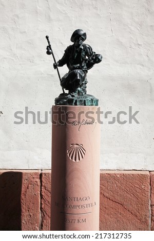 MILTENBERG, GERMANY - 20 JULY: Way of St. James column, signpost, \