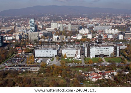 ZAGREB, CROATIA - OCTOBER 14: Croatian National Radio and Television Building of and the city of Zagreb in the background on October 14, 2007.