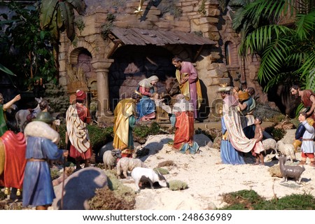 GRAZ, AUSTRIA - JANUARY 10, 2015: Nativity scene, creche, or crib, birth of Jesus in Graz Cathedral dedicated to Saint Giles in Graz, Styria, Austria on January 10, 2015.