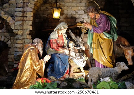 GRAZ, AUSTRIA - JANUARY 10, 2015: Nativity scene, creche, or crib, birth of Jesus in Franciscan Church in Graz, Styria, Austria on January 10, 2015.