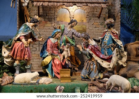 GRAZ, AUSTRIA - JANUARY 10, 2015: Nativity scene, creche, or crib, birth of Jesus in Mariahilf church in Graz, Styria, Austria on January 10, 2015.