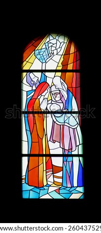 MEDUGORJE, BOSNIA AND HERZEGOVINA - FEBRUARY 19: Stained glass church window in the parish church of St. James in Medugorje on February 19, 2011.