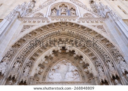 ZAGREB, CROATIA - APRIL 10: Portal of the cathedral dedicated to the Assumption of Mary and to kings Saint Stephen and Saint Ladislaus in Zagreb on April 10, 2015
