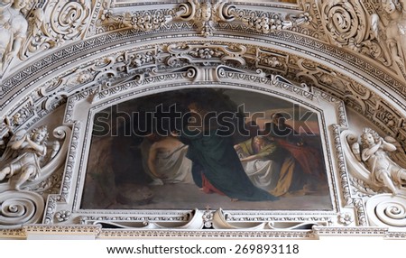 SALZBURG, AUSTRIA - DECEMBER 13: 14th Stations of the Cross, Jesus is laid in the tomb and covered in incense, fragment of the dome in Salzburg Cathedral on December 13, 2014 in Salzburg, Austria.
