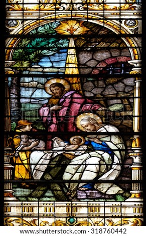 ZAGREB, CROATIA - MAY 28: Nativity Scene, Birth of Jesus, stained glass window in the Basilica of the Sacred Heart of Jesus in Zagreb, Croatia on May 28, 2015