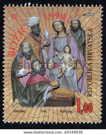 CROATIA - CIRCA 1994: A greeting Christmas stamp printed in the Croatia shows birth of Jesus Christ, adoration of the Magi, circa 1994
