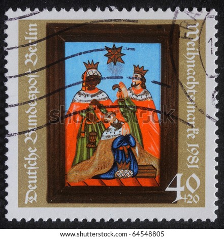 GERMANY - CIRCA 1981: A greeting Christmas stamp printed in the Germany shows birth of Jesus Christ, adoration of the Magi, circa 1981