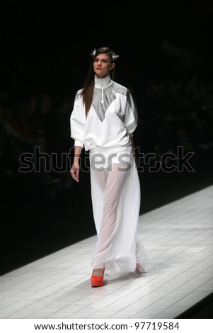 ZAGREB, CROATIA - MARCH 15: Fashion model wears clothes made by design group \