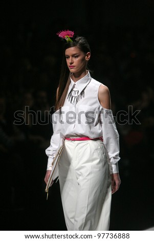 ZAGREB, CROATIA - MARCH 15: Fashion model wears clothes made by design group 