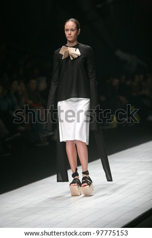 ZAGREB, CROATIA - MARCH 15: Fashion model wears clothes made by Matija Cop on \