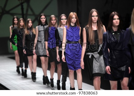 ZAGREB, CROATIA - MARCH 16: Fashion models wear clothes made by Ana Maria Ricov on \