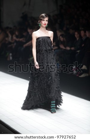 ZAGREB, CROATIA - MARCH 16: Fashion model wears clothes made by Aleksandra Dojcinovic on \