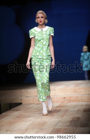ZAGREB, CROATIA - MARCH 23: Fashion model wears clothes made by Borna and Fils on \
