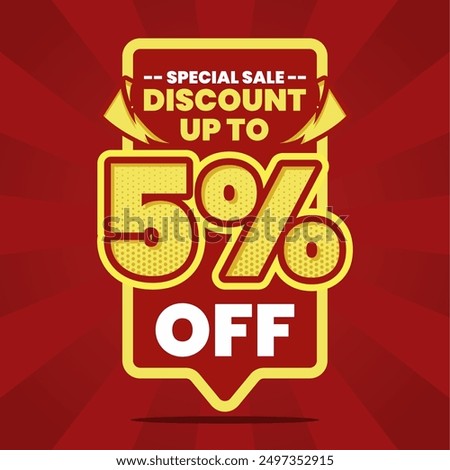 This vibrant and eye-catching banner design features a bold red background with striking yellow and white text, announcing a special sale with a discount of up to 5% off. Perfect for promoting limite