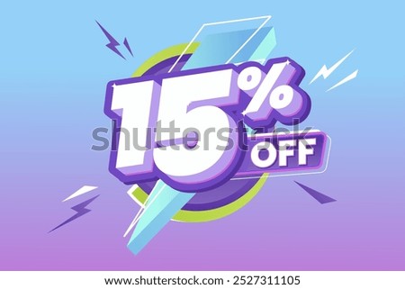 15% Off Promotion with bold white and purple 3D text, surrounded by dynamic lightning shapes, set on a vibrant gradient blue to purple background. Perfect for sale events.