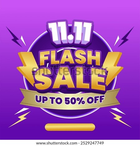 11.11 Flash Sale banner featuring vibrant lightning icons and bold typography on a purple background, offering discount. Perfect for promoting limited-time deals!