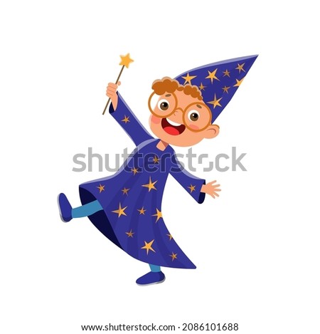 Vector cheerful teen boy in magician costume with stars with magic wand with star at cap having fun. Flat kid in fancy wizard, sorcerer costume at carnival, party or halloween. Foto stock © 