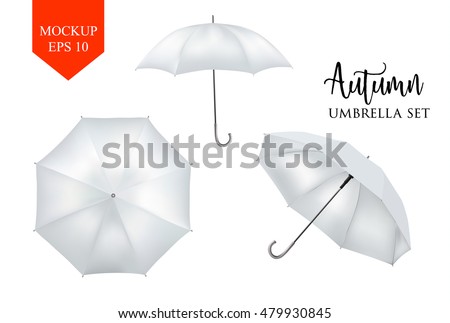 Blank Classic Opened Round Rain Umbrella ,Parasol Sunshade. Mock up Close up on White Background set. Front, top Side View,White Vector illustration image for advertising, poster, banner, print design