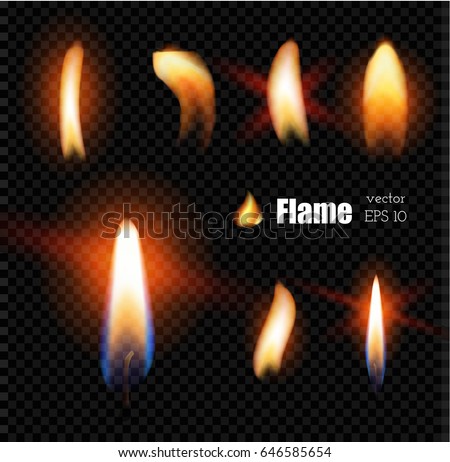 Vector realistic candle fire, cigarette lighter flame. 3d glowing illustration, glowing burning flare on dark transparent background. Ignition blazing object for poster banner design.