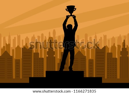 Human champion silhouette with cup against the background of urb