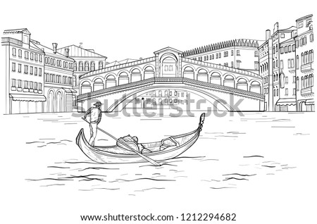 Sketch of Venetian gondola with gondolier, Realto bridge. Black and white Foto d'archivio © 