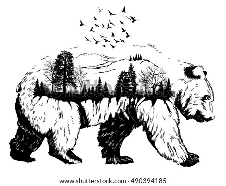 Vector Double exposure, Hand drawn bear for your design, wildlife concept