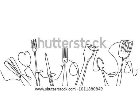 Cooking Seamless Pattern. Outline Cutlery Background. One Line Drawing of Isolated Kitchen Utensils. Cooking Design Poster. Vector illustration.