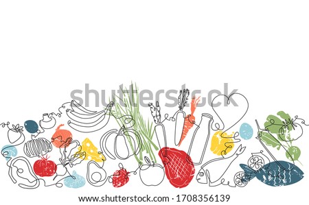 Background with Organic Food. Pattern with Vegetables, fruits, meat and seafood. Continuous drawing style. Vector illustration.
