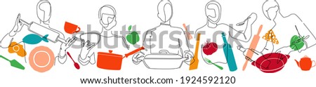 Set with People who Cook and Utensils. Cooking Background. Line art Poster. Vector illustration.