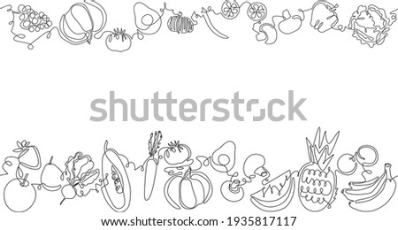 Two top and bottom Seamless Patterns with Fruits, Vegetables and empty space for text. Vector Background. One line art Style. Frame with organic food. Can be also yused like Banner, Flyer, Texture