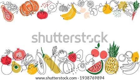 Two top and bottom Seamless Patterns with Fruits, Vegetables and empty space for text between them . Vector Background. Frame with organic food. Can be also yused like Banner, Flyer, Texture, Poster.