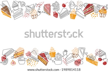 Two Seamless Pattern with Cakes, Cupcakes, Pie Slices and fruits. Background with Bakery Sweets. One line style. Can be yused like Banner, Flyer, Cover, Poster, Texture, Border.