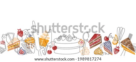Horizontal Border Pattern with Cake and Pie Slices. Background with Bakery Sweets. 