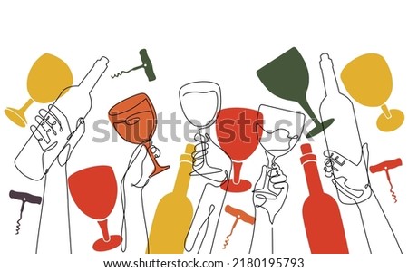 Pattern with Bottles, Glasses and corkscrew. Abstract Wine background. Can be yused like banner, backdrop, poster, logo, template in your design works. Continuous line drawing. Vector illustration.