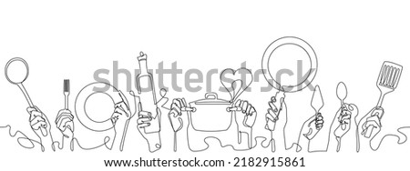  Cooking Background. Restaurant poster. Horizontal seamless pattern with Hands Holding different Kitchen Utensils.Vector illustration. Continuous line drawing style.