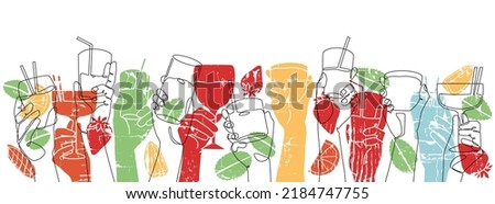 Background with different cocktail drinks. Horizontal Poster. Vector illustration.