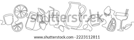 Vector illustration with sangria pitcher, fruits, mint and different glasses. Cocktail drinks isolated on white background. Continuous drawing style.