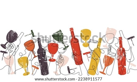 Background with bottles and glasses. Horizontal repeating seamless pattern with drinks. Party poster. Vector illustration.