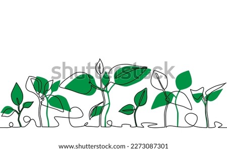 Growing Plants. Background with seedling.  Seamless Pattern that repeating horizontally. Continuous line drawing style of green sprouts. Vector illustration.