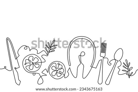 Background with salmon steak, slices of lemon, utensils. Continuous line drawing style. Vector illustration. Cooking pattern.