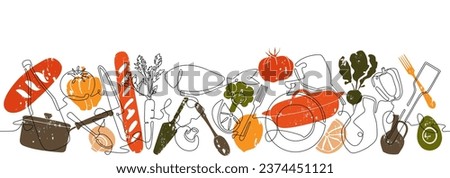 Cooking process on white background. Meal preparation from food ingredients. Vector illustration.