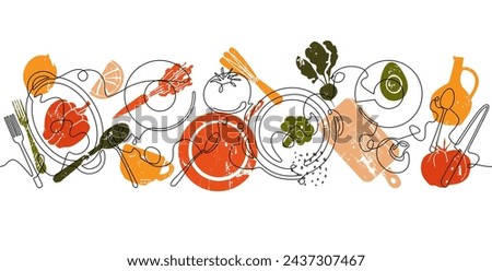 Table with food and utensils isolated on white background. Top view illustration. Vector pattern.