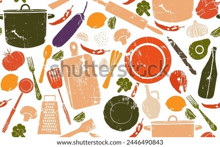 Seamless pattern with grunge hand drawn  healthy food and kitchen utensils isolated on white background. Texture on culinary theme. Cooking. Vector illustration.