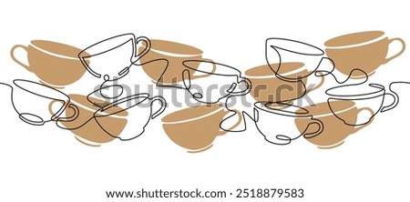 
Cups with a hot drink drawn with a continuous line with silhouettes of mugs. Minimalistic style vector illustration of hot drinks, coffee, tea. 