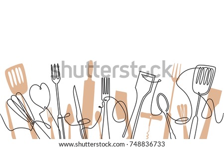 Cooking Seamless Pattern. Outline Cutlery Background. One Line Drawing of Isolated Kitchen Utensils.  Cooking Design Poster. Vector illustration.