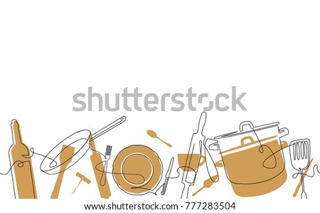 Cooking  Pattern. Outline Cutlery Background. One Line Drawing of Isolated Kitchen Utensils. Cooking Design Poster. Vector illustration.