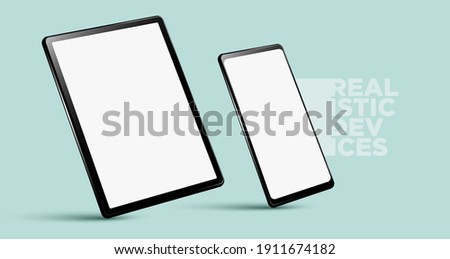 Realistic horizontal black tablet pc pad computers and smartphone mockups vector EPS.