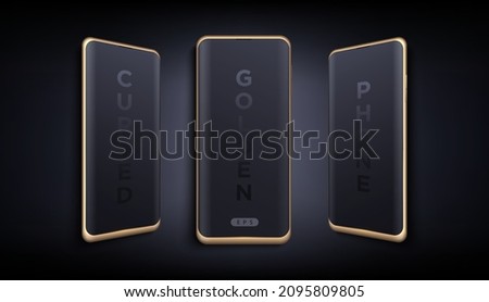 Modern futuristic golden thin frame waterfall screen smart phone mock up with different angles. Curved edge display isolated device on dark background. Mockup for mobile applications design.